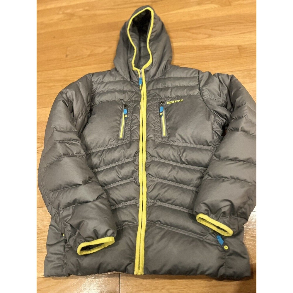Marmot 700 Fill Duck Down Puffer Jacket Youth XL Full Zip Hooded Pockets Grey
